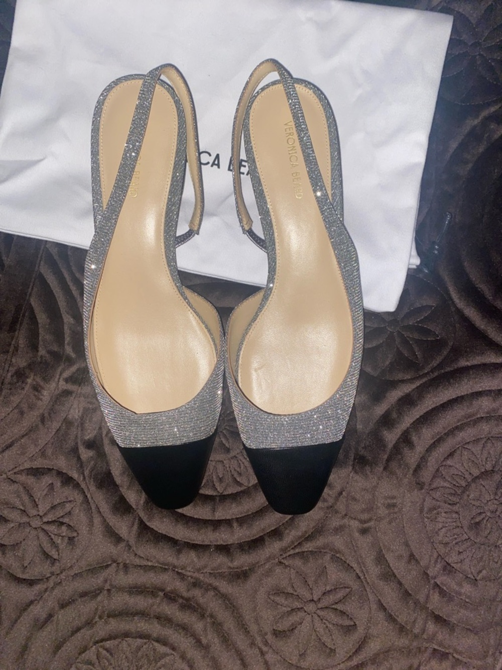 Veronica Beard Silver Glitter Slingback Flats with Black Cap Toe - Picture 8 of 15